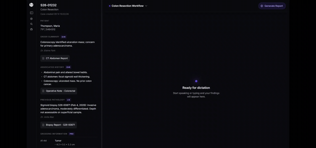 A colon resection case open in Cogit. On the left, the context panel assembles the order summary and associated history from the EHR, the prior sigmoid biopsy from the LIS, and the grossing block list and tumor measurements from VoiceOver PRO, each tagged with its source. On the right, the pathologist speaks and each sentence commits into the case one at a time, with the clinical entities Cogit understood shown beneath it: gland spacing infiltrative, muscularis propria invaded, ulceration present, necrosis present.